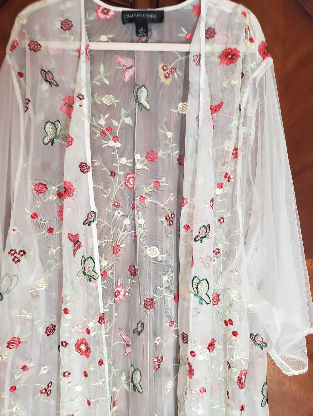 White Embroidered Sheer Robe with Red Floral Accents - Picture 3 of 8